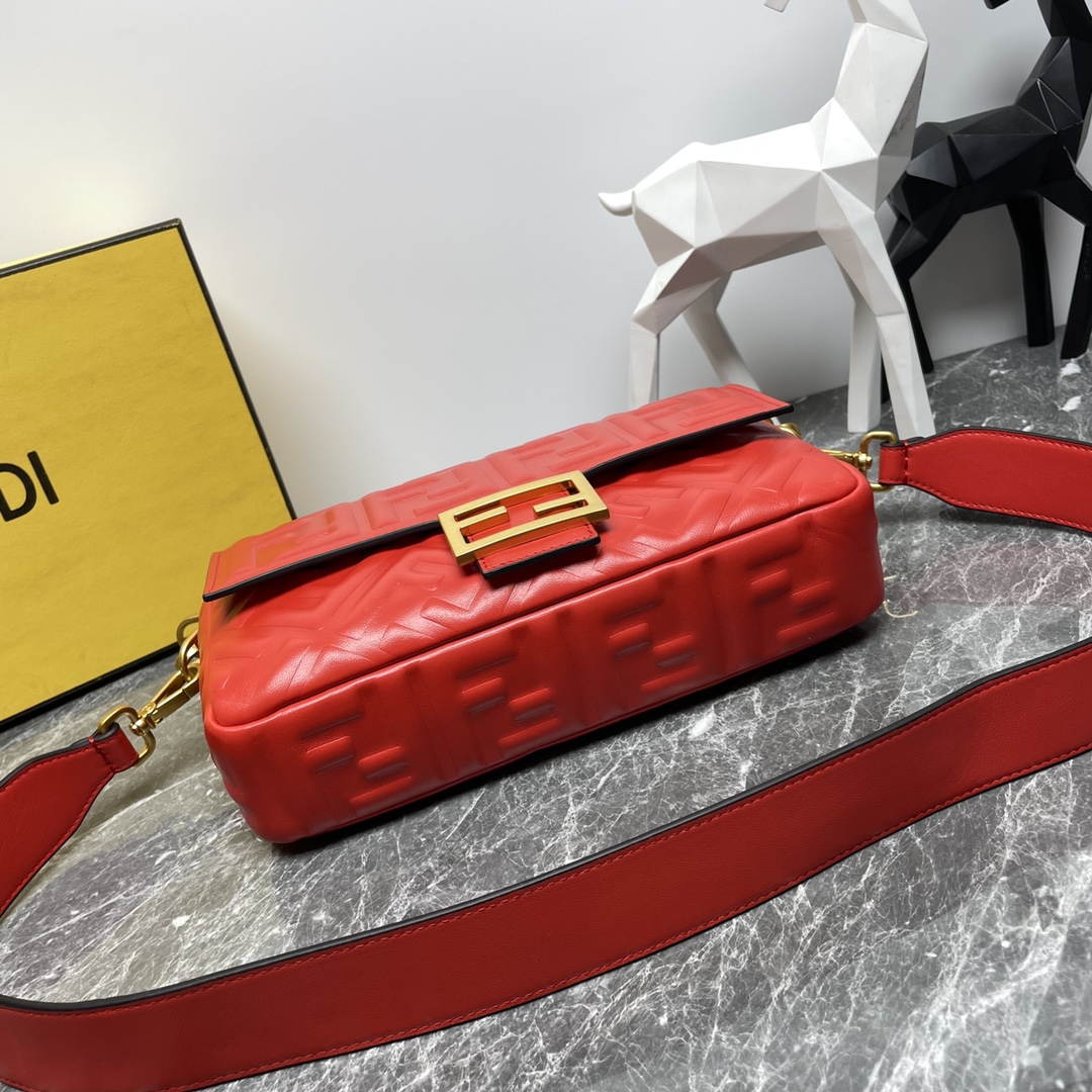 Fendi Medium Baguette Nappa Leather with FF Motif Shoulder Bag Red